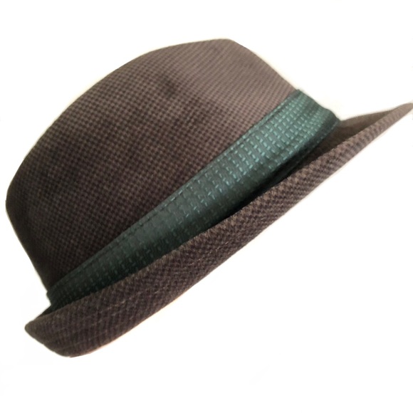 brown houndstooth trilby with emerald green ribbon - Picture 2 of 5